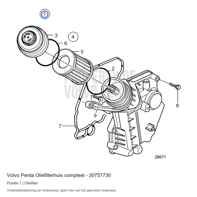 Volvo Penta oliefilterhuis compleet 30757730, positie 1 in de onderdelentekening
